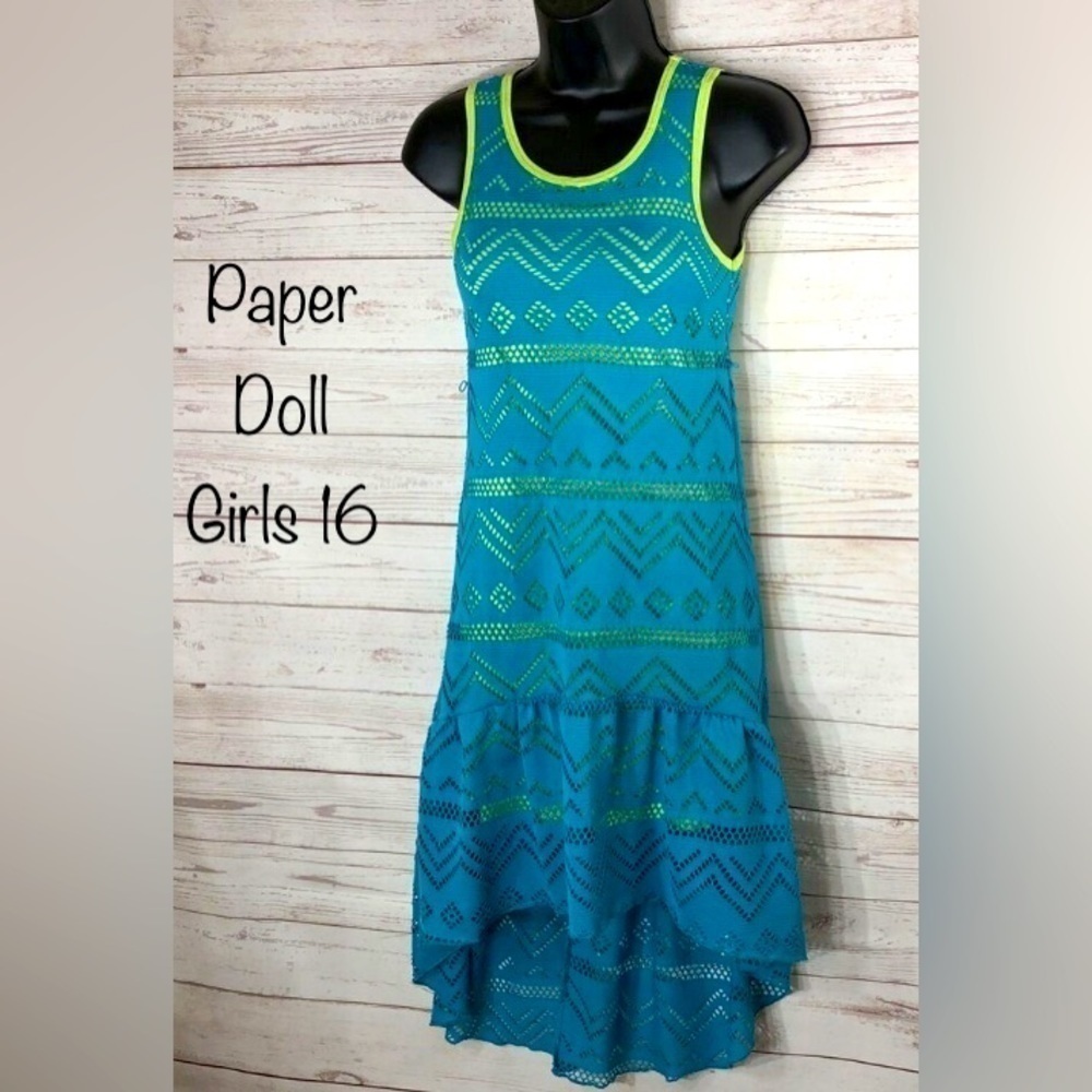 Paper Doll Girl Size 16 or W. Sm Teal Blue & Lime Layered Hi Low BEACH Dress